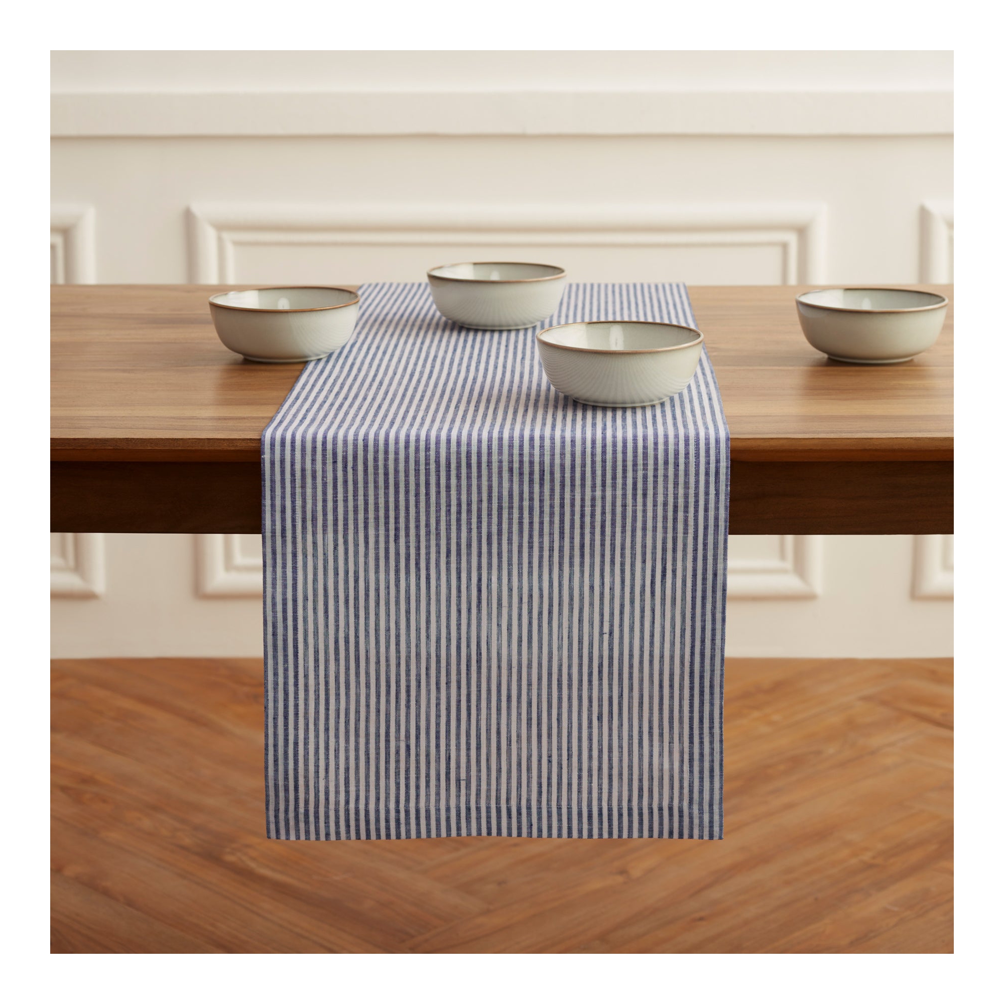 Solino Home Striped Linen Table Runner Navy and White 14 x 36 Inches - Narrow Stripe Ideal for Dresser and Coffee Tables