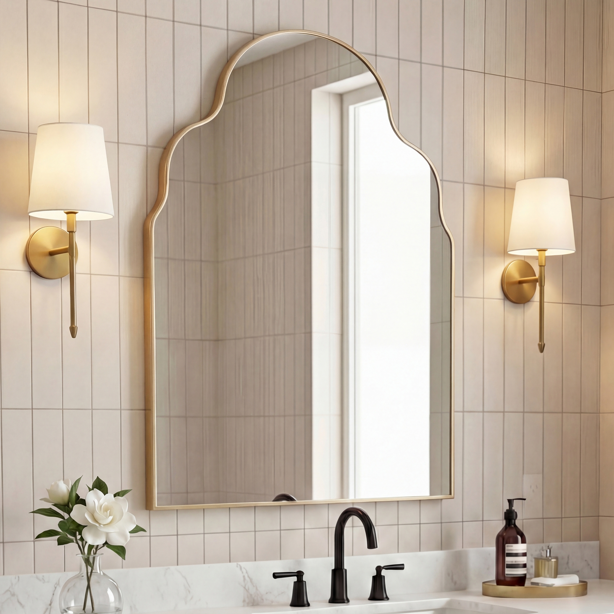 JONATHAN Y Alora 24 in. W x 36 in. H Medium Top Arch Metal Framed Wall Mounted Mirror, Gold
