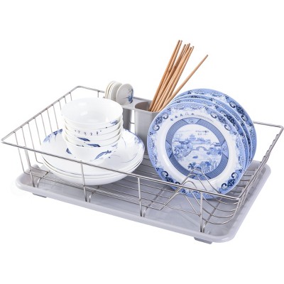 Basicwise Stainless Steel Dish Rack with Plastic Drain Board and Utensil Cup