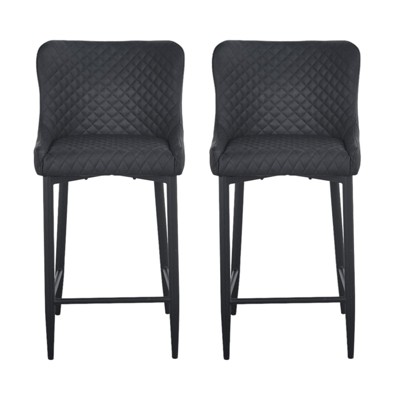 HomeRoots Set of Two 30" Gray and Black Faux Leather and Metal Low Back Bar Height Bar Chairs