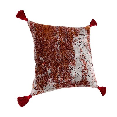 HomeRoots 20" X 20" Red Orange And Silver Viscose Geometric Zippered Pillow