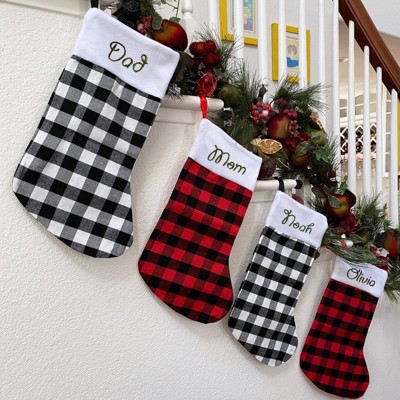 Set of 3 Black Buffalo Plaid Christmas Stockings with White Plush Cuff