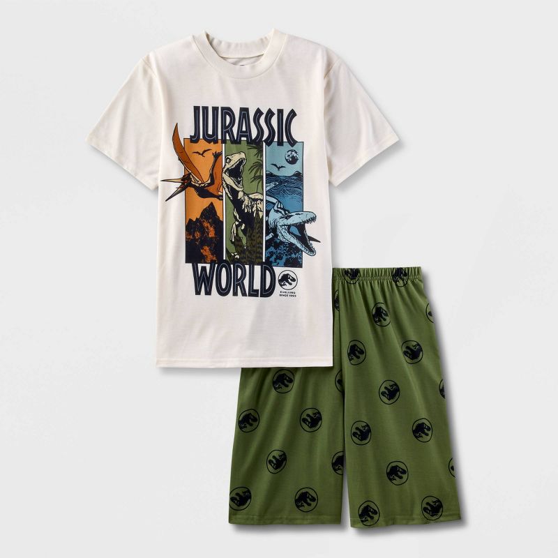 Boys&#39; Jurassic World 2pc Short Sleeve Top and Shorts Pajama Set - White/Green, 1 of 4