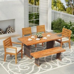 Christopher Knight Home Juliette Rustic 7 Piece Outdoor Rattan Acacia Wood Slatted Dining Set with Cushions - 1 of 4