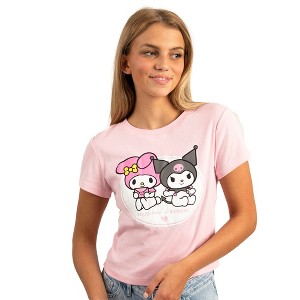 Kuromi And My Melody Characters In White Oval Crew Neck Short Sleeve Pink Women's Fitted Baby Crop Tee - 1 of 1