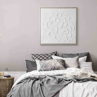 Embossed White Flower Canvas Wall Art with Silver Frame, 27.5"