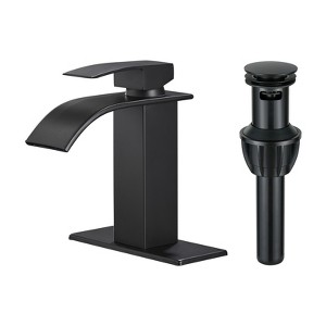 Cobbe Single Handle Single Hole Matte Black Waterfall Bathroom Sink Faucet with Deck Plate and Pop-Up Drain Assembly - 1 of 4