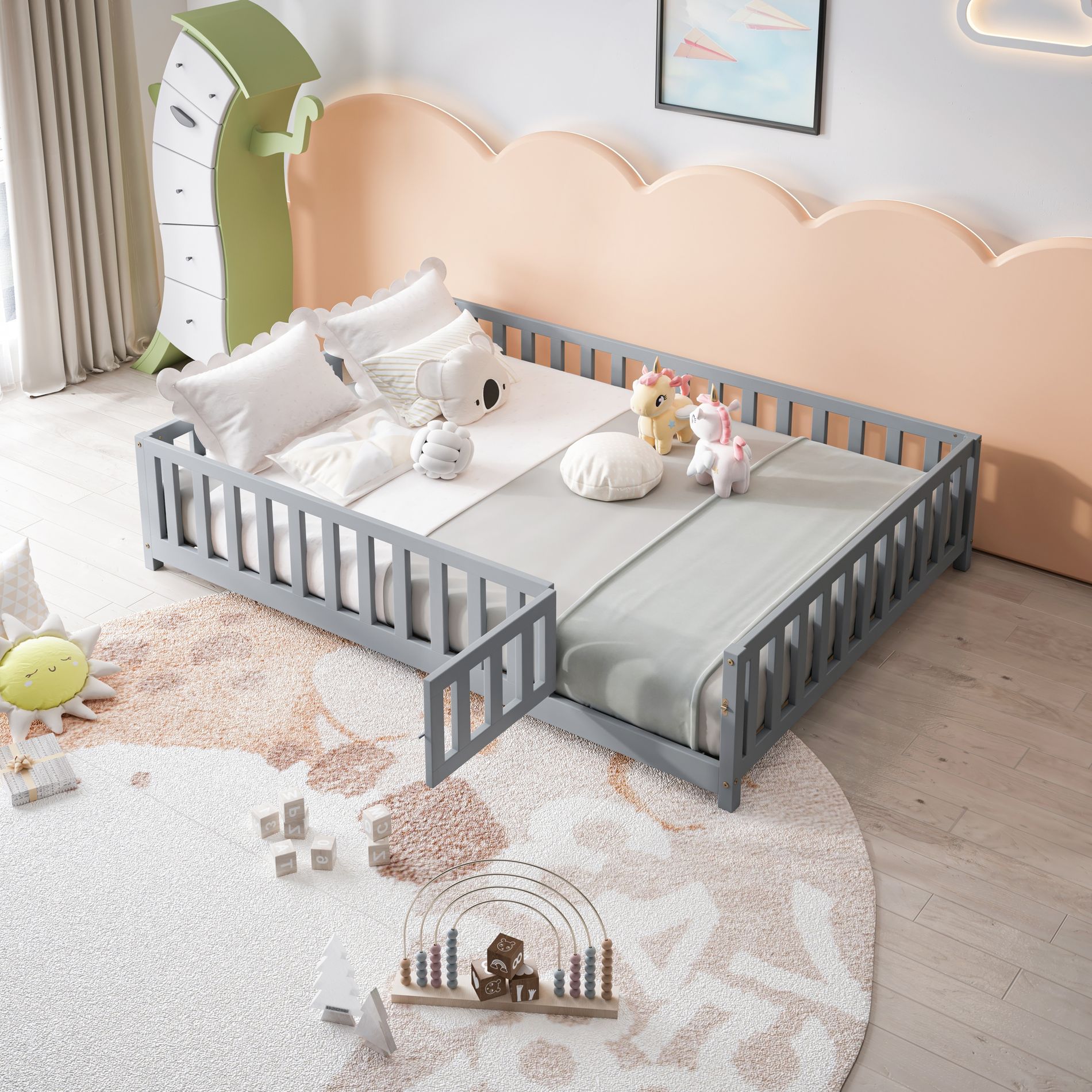 GDFStudio Grace Full-size Wooden Montessori Floor Bed with Fence and Door, Grey