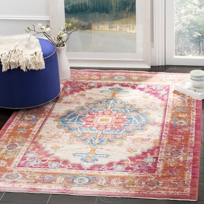 Ivory and Fuchsia Floral Medallion 5' x 7' Cotton Area Rug