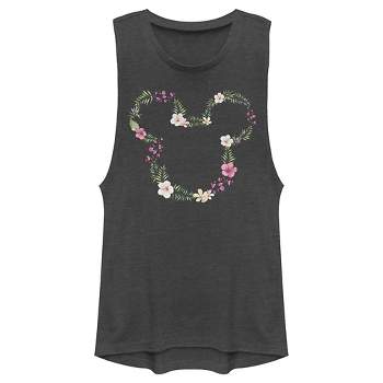 Juniors Womens Mickey & Friends Floral Logo Festival Muscle Tee