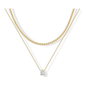 HTUTWOO 14K Gold Plated Layering Choker With Pear-Cut Stone Pendant, Double-layer Gold-plated Drop-shaped Zircon Pendant Necklace Set For Women - 1 of 3