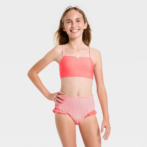 Cat & Jack Girls' Garden Gingham Swimwear Set - Cat & Jack™ Coral Pink M