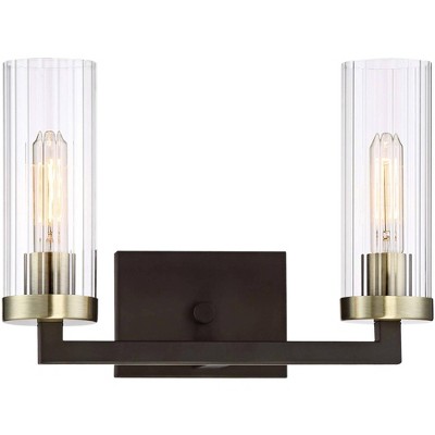 Minka Lavery Industrial Wall Light Sconce Aged Kingston Bronze Hardwired 15" 2-Light Fixture Ribbed Glass for Bedroom Bathroom