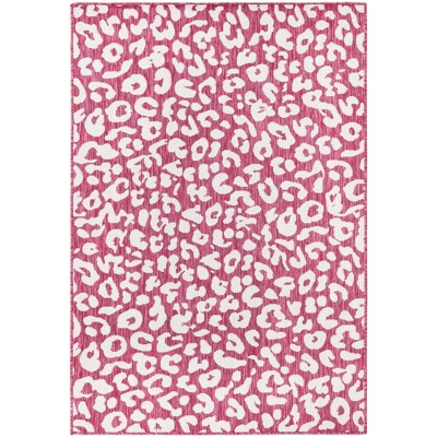 Magenta and White Synthetic 4' x 6' Outdoor Area Rug
