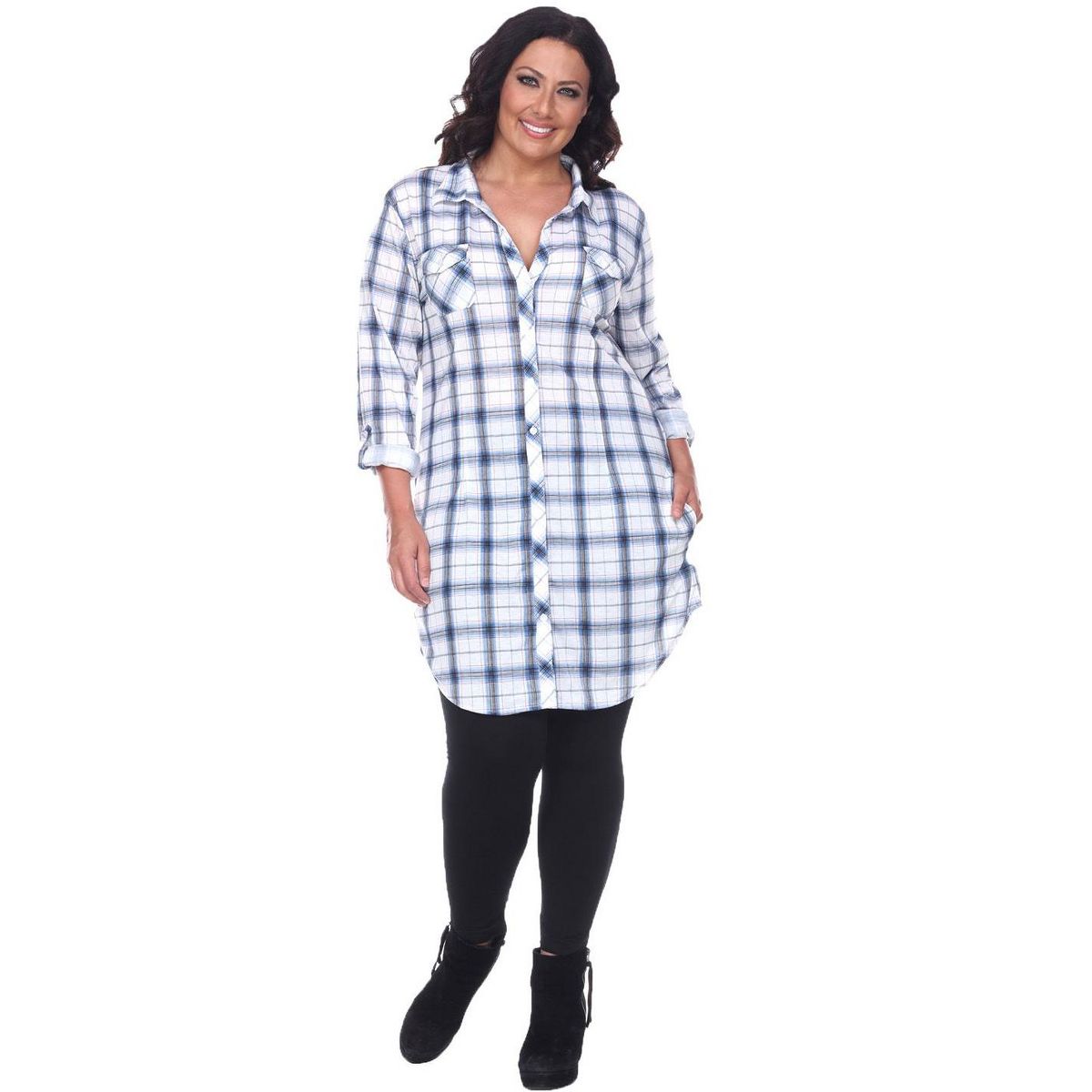 Women's Plus Size Piper Stretchy Plaid Tunic with Pockets - White Mark