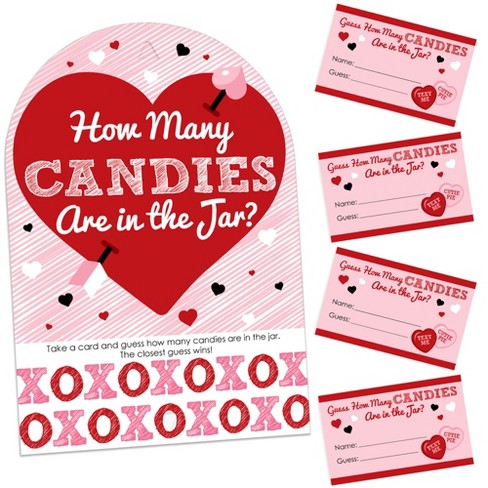 Big Dot of Happiness Conversation Hearts - How Many Candies Valentine’s Day  Party Game - 1 Stand and 40 Cards - Candy Guessing Game