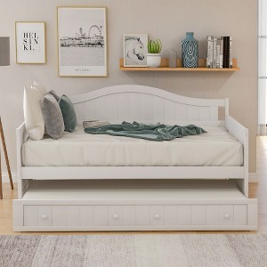 Gulches Twin Size Wooden Daybed with Trundle - Solid Pine Frame, Space-Saving Sofa Bed for Bedroom/Living Room/Kids Room,Classic Cottage Style, White - 1 of 4