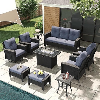 LayinSun Wicker Patio Furniture Set with Fire Pit Table, Classis Outdoor Conversation 360 Degree Swivel Chairs Set with Coffee Table