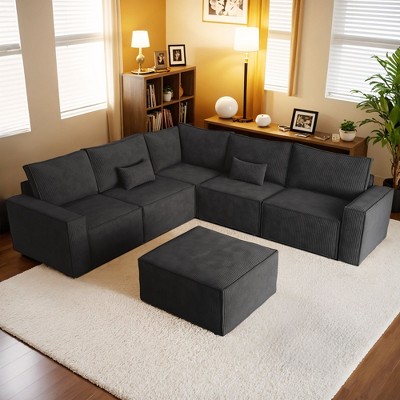 XIZZI Modular Corduroy Sectional Sofa: 5 Sold-Separately Units (Corner, Arms, Ottoman) | Black/Camel | Standard/Large Cushion Options | DIY Friendly
