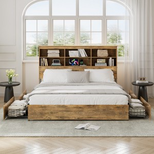 VECELO Full Size Bed Frame with 50" Storage Bookcase Headboard, 4 Drawers & USB Charging Station, Metal Slats Platform Bed Frame, Rustic Brown Bed - 1 of 4
