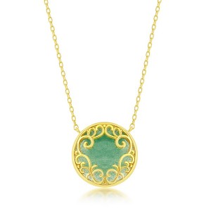 Bella Silver Sterling Silver Round Jade Filigree Design Necklace - Gold Plated - Gold - 16+2 Inch - 1 of 2