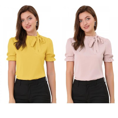 Allegra K Women's Elegant Bow Tie Neck Elastic Cuffs Office Short Sleeve Blouse 2 Pcs