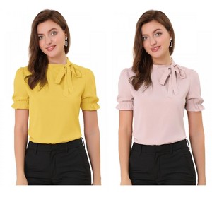 Allegra K Women's Elegant Bow Tie Neck Elastic Cuffs Office Short Sleeve Blouse 2 Pcs - 1 of 4