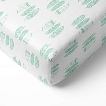 Bacati - Noah Mint Feathers Muslin 100 percent Cotton Universal Baby US Standard Crib or Toddler Bed Fitted Sheet
