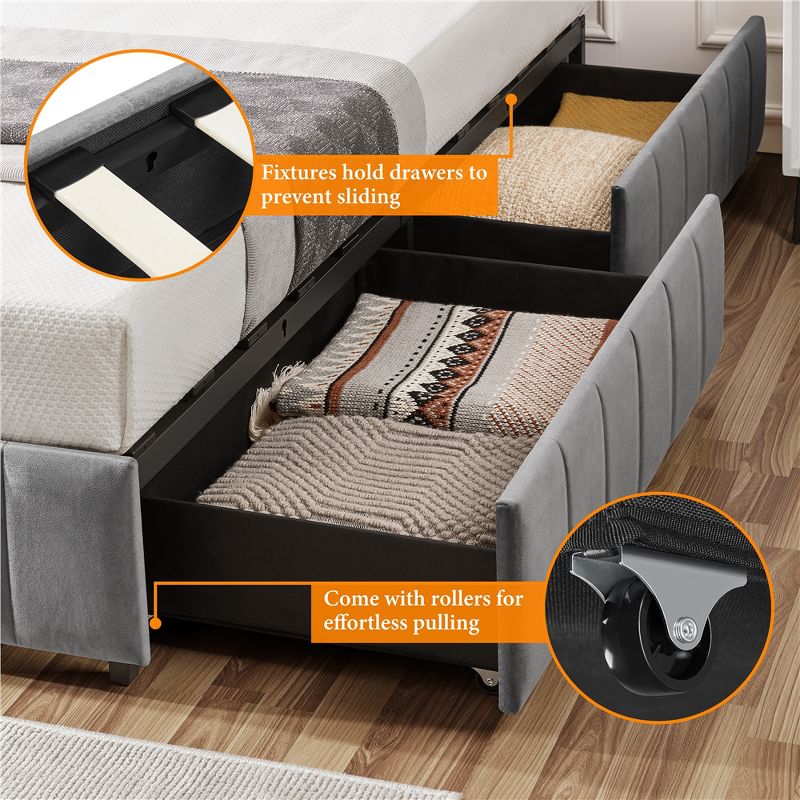 Yaheetech Upholstered Bed Frame Without Headboard With 4 Storage Drawers, 5 of 10