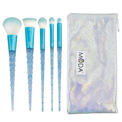 MODA Brush Mythical 6pc Frozen Flight Makeup Brush Set with Holographic Zip Case, Includes - Multipurpose Powder, Precision Contour, Highlight and Glow and Smoky Eye Brushes