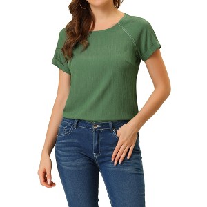 Allegra K Women's Round Neck Raglan Sleeves Side Slit Chambray Top - 1 of 4