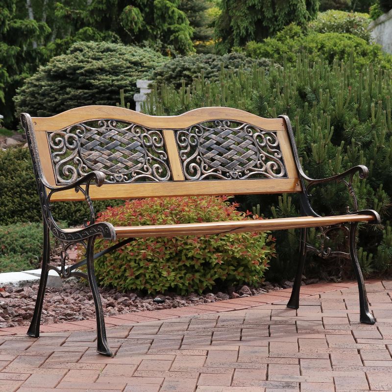 Sunnydaze 2-Person Ivy Crossweave Design Cast Iron and Wood Frame Outdoor Garden Bench, 2 of 8