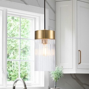 LLHZSY 5 9/10" Modern Pendant Light with Vertical Ribbed Glass Shade, 1-Light Clear Cylinder Glass Pendant for Kitchen Island Bedroom - 1 of 4