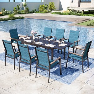 Captiva Designs 9pc Patio Dining Set with Slat-top Steel Rectangle Table  & Textilene Aluminum Chairs - 1 of 4