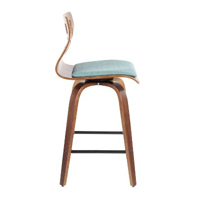 Folia Teal Upholstered Swivel Counter Height Barstools with Walnut Frame, Set of 2