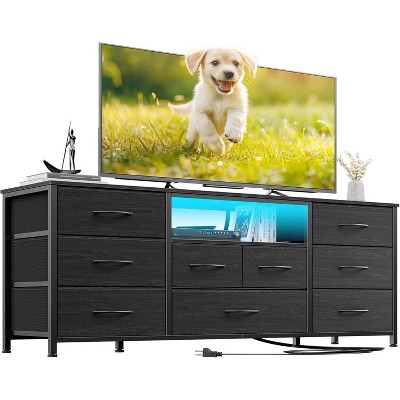 Furnulem 9 Drawer Dresser 55” Long TV Stand for Bedroom Entertainment Center with Power Outlet LED Light for 55"-65" TV Dresser with Fabric Storage