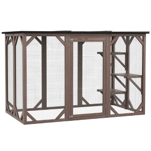 SKYONE Weatherproof Wooden Catio Enclosure with 3 Platforms, 71"x32"x44" Outdoor Cat Cage, Gray - 1 of 4