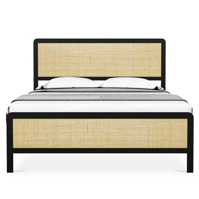 Full/Queen Size Metal Bed Frame with Rattan Headboard and Footboard