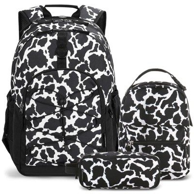 Girls School Backpack Set, Cow Print Black Girls Backpack with Lunch Box Set 3 PCS (18 Inch Backpacks)