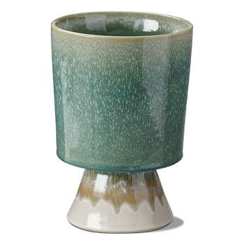 tagltd Pedestal Reactive Glazed Green Planter Large, 6.5L x 6.5W x 9.0H inches, Holds up to a 6" Drop in Pot