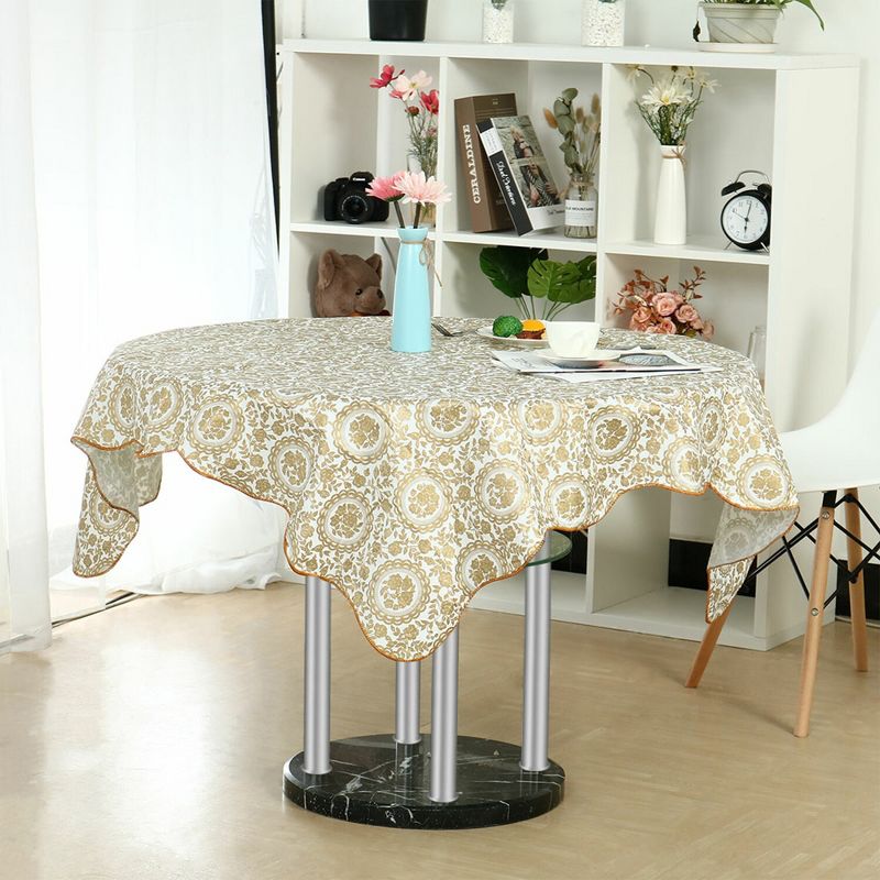 60" Dia Round Vinyl Water Oil Resistant Printed Tablecloths Golden Turntable Flower - PiccoCasa, 2 of 5