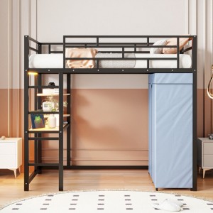 Twin Size Loft Metal Bed with Desk,Shelves,Power Outlet,LED Light and Wardrobe, Black - 1 of 4