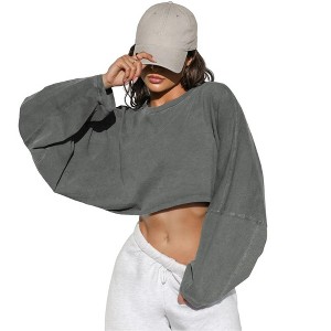 KOJOOIN Women's Classic Crewneck Cropped Sweatshirt Premium Cotton Relaxed Fit Everyday Pullover Top - 1 of 4