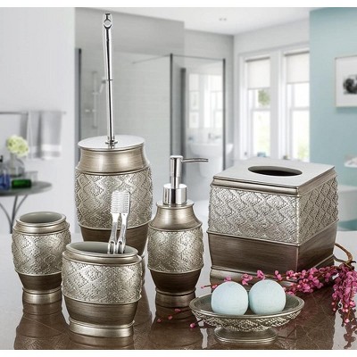 Silver Textured Diamond Pattern Toilet Brush with Holder