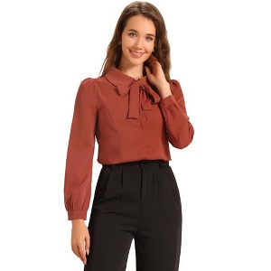 INSPIRE CHIC Women's Peter Pan Collar Bow Tie Neck Puff Long Sleeve Workwear Button Blouses - 1 of 4