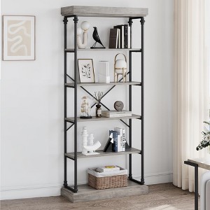 5 Tier Industrial Bookcase with Metal Frame, Vintage Wood Grain Shelf, Standing Bookshelves Display Storage Rack for Living Room, Home Office - 1 of 4