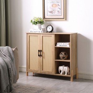 Storage Cabinet, Bathroom Cabinet with Rattan Doors, Bathroom Floor Cabinet with Open Storage & Adjustable Shelf - 1 of 4