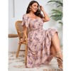 Coolmee Women Plus Size Boho Floral Smocked Square Neck Short Sleeve Ruffle A Line Maxi Dress - 3 of 4