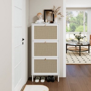 TIRAMISUBEST Farmhouse Shoe Cabinet - White Rattan, 3-Door Adjustable (23"W x 48"H) - 1 of 4
