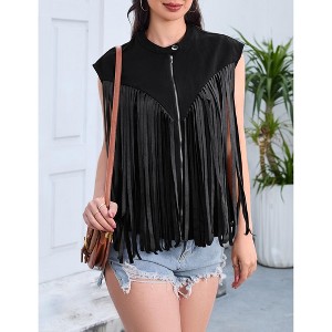 Women's Fringe Vest 70s Denim Zip Up Jacket Hippie Sleeveless Loose Costume - 1 of 4